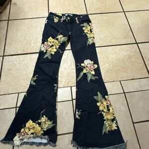 Free People Floral Flare Jeans - Dark Blue and Yellow
